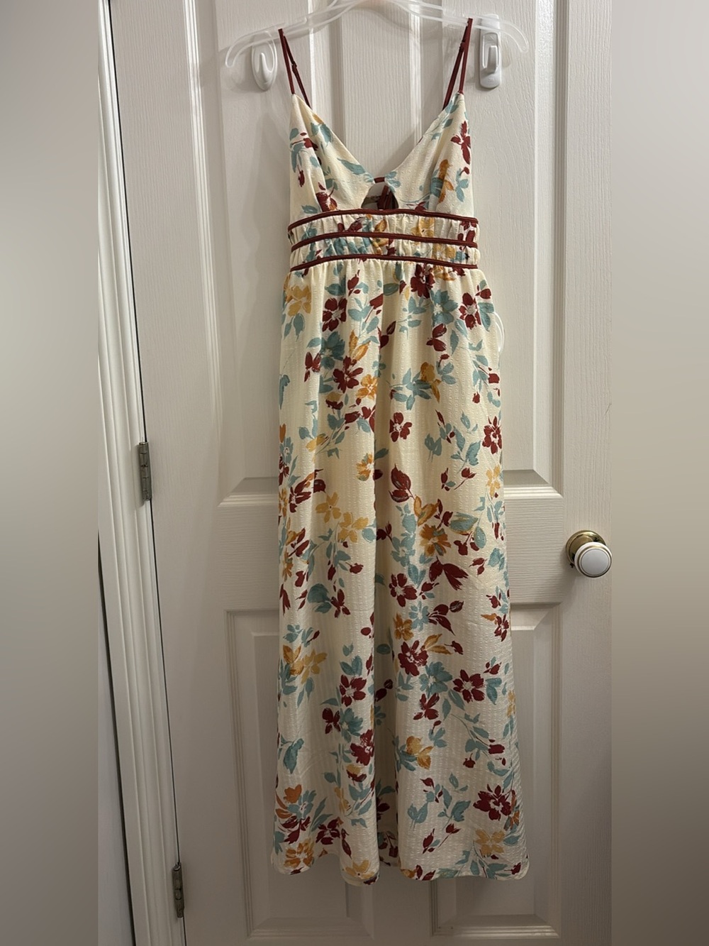 Moon River Cream Floral Spaghetti Strap Maxi Dress with Burgundy Trim